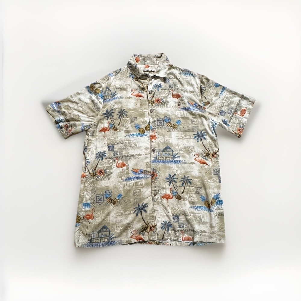 Batik Bay Mens Tropical Flamingo Pineapple Aloha Shirt Tan Grey Short Sleeve L